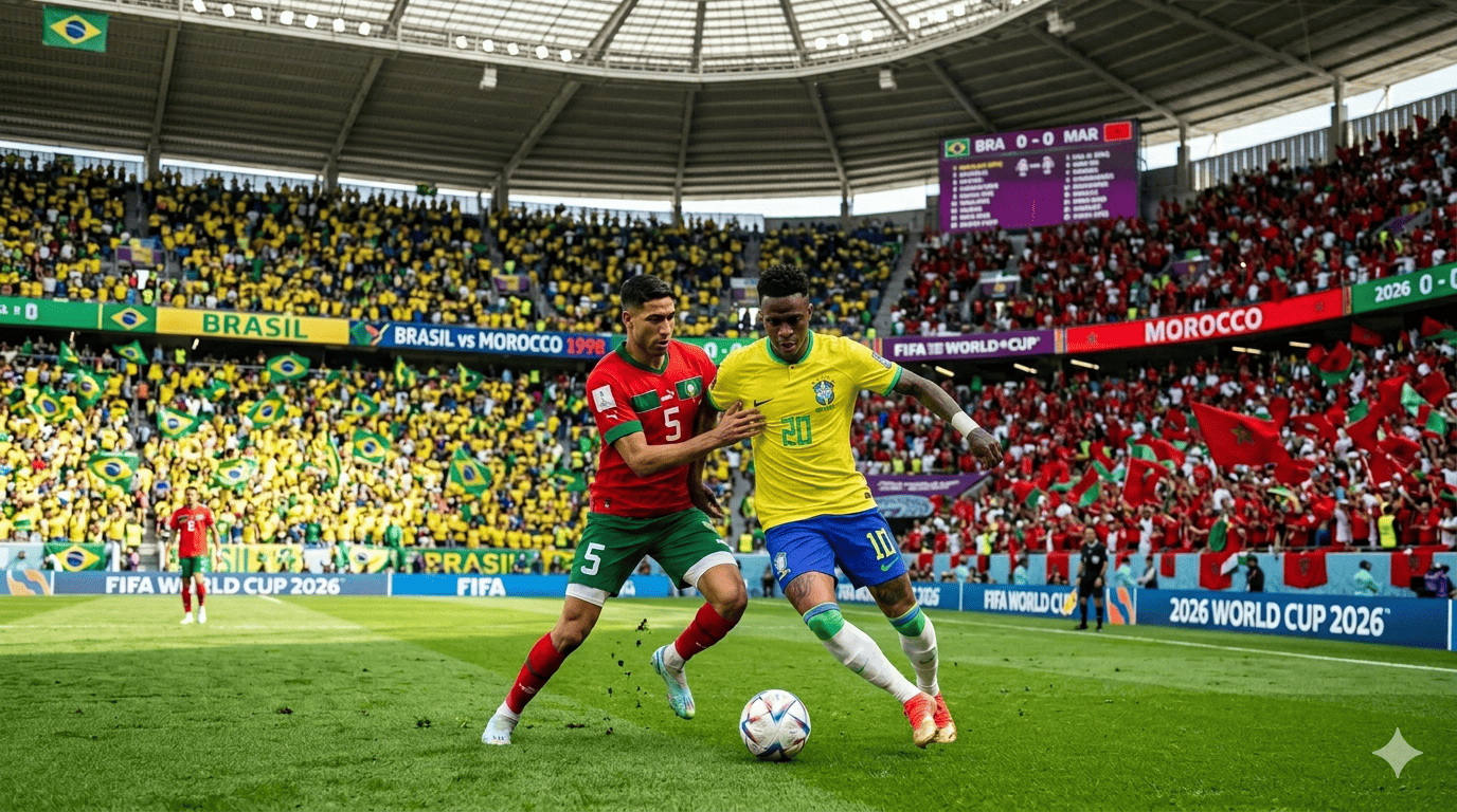 Brasil vs Marruecos en el mundial de 2026. Generado por IA.